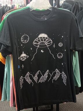 Black UFO Mountain Graphic Tee - Space Abduction Design